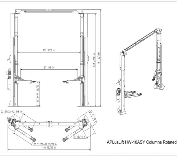 APlusLift 10,000LB 2-Post Overhead Symmetrical and Truly Asymmetrical Single Release Car Lift with 3 Year Warranty APlusLift 10,000LB 2-Post Overhead Symmetrical and Truly Asymmetrical Single Release Car Lift with 3 Year Warranty