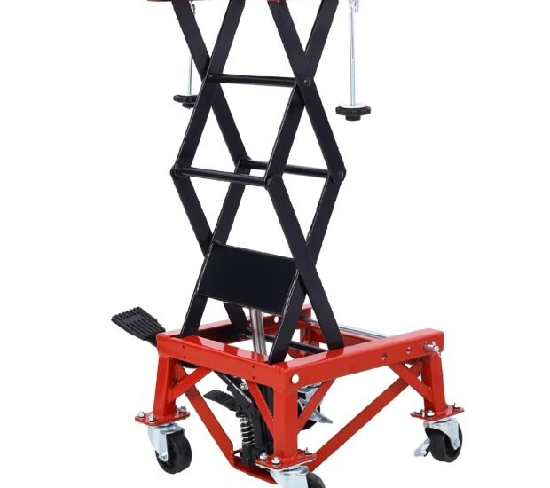 300 lbs. Capacity Motorcycle Scissor Jack in Red with 4-Wheels 300 lbs. Capacity Motorcycle Scissor Jack in Red with 4-Wheels