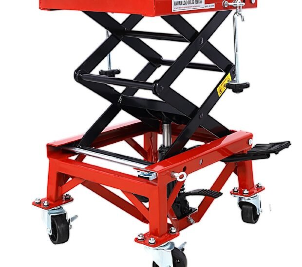 300 lbs. Capacity Motorcycle Scissor Jack in Red with 4-Wheels 300 lbs. Capacity Motorcycle Scissor Jack in Red with 4-Wheels