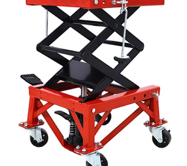 300 lbs. Capacity Motorcycle Scissor Jack in Red with 4-Wheels 300 lbs. Capacity Motorcycle Scissor Jack in Red with 4-Wheels