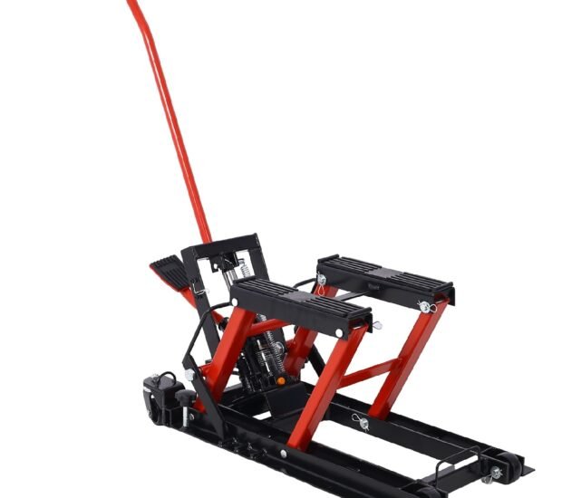 1500 lbs Capacity Portable Hydraulic Motorcycle Lift Jack in Red with Tie Down 1500 lbs Capacity Portable Hydraulic Motorcycle Lift Jack in Red with Tie Down