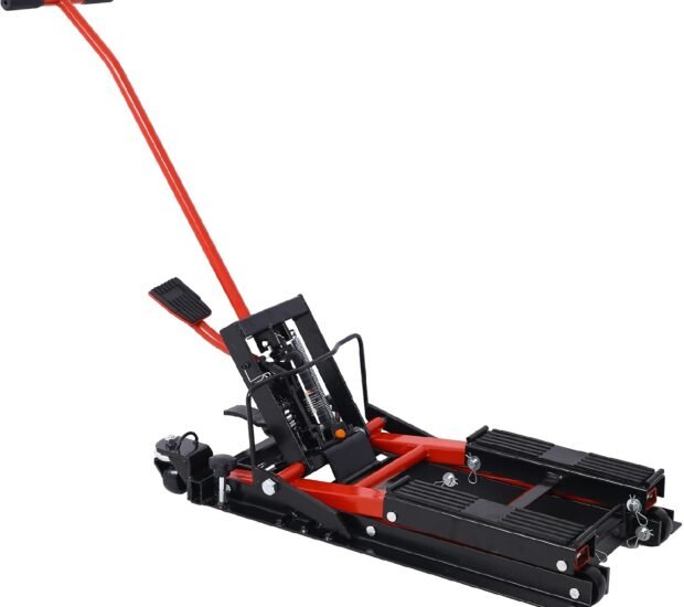 1500 lbs Capacity Portable Hydraulic Motorcycle Lift Jack in Red with Tie Down 1500 lbs Capacity Portable Hydraulic Motorcycle Lift Jack in Red with Tie Down