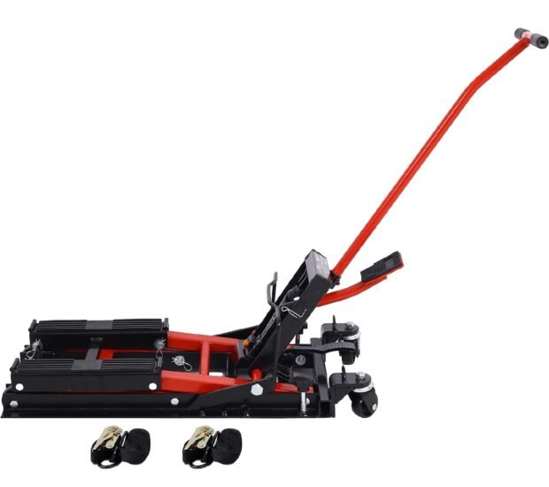 1500 lbs Capacity Portable Hydraulic Motorcycle Lift Jack in Red with Tie Down 1500 lbs Capacity Portable Hydraulic Motorcycle Lift Jack in Red with Tie Down