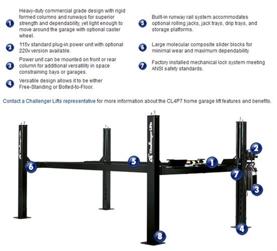 Challenger CL4P7 4 Post Storage/Service Lift 7,000 ALI Cert. Challenger CL4P7 4 Post Storage/Service Lift 7,000 ALI Cert.