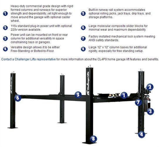 Challenger CL4P9X Ex-Length 4 Post Storage/Service Lift 9,000 ALI Cert. Challenger CL4P9X Ex-Length 4 Post Storage/Service Lift 9,000 ALI Cert.