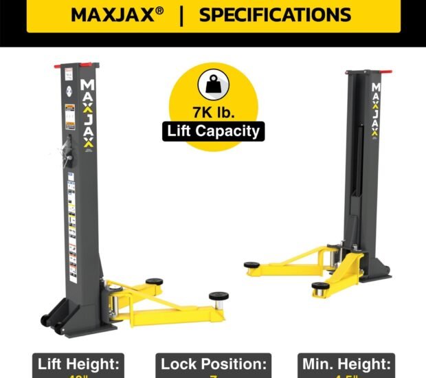 MaxJax, 7000 lbs. Capacity MaxJax Two Post Lift, Capacity 7000 lb, Max. Rise 3.75 ft, Horsepower 1 HP, Model# M7K MaxJax, 7000 lbs. Capacity MaxJax Two Post Lift, Capacity 7000 lb, Max. Rise 3.75 ft, Horsepower 1 HP, Model# M7K