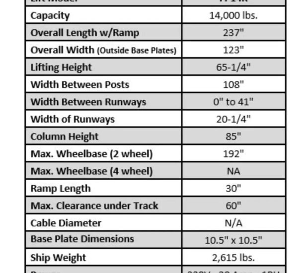 Tuxedo FP14K 14,000 lb 4 Post Lift - Chain Driven Tuxedo FP14K 14,000 lb 4 Post Lift - Chain Driven